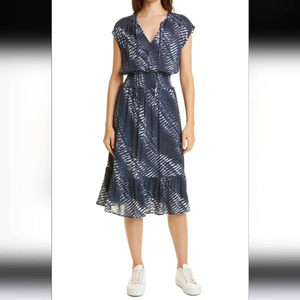 Rails Navy and White Ashlyn Shibori Print Split Neck Dress Midi Dress